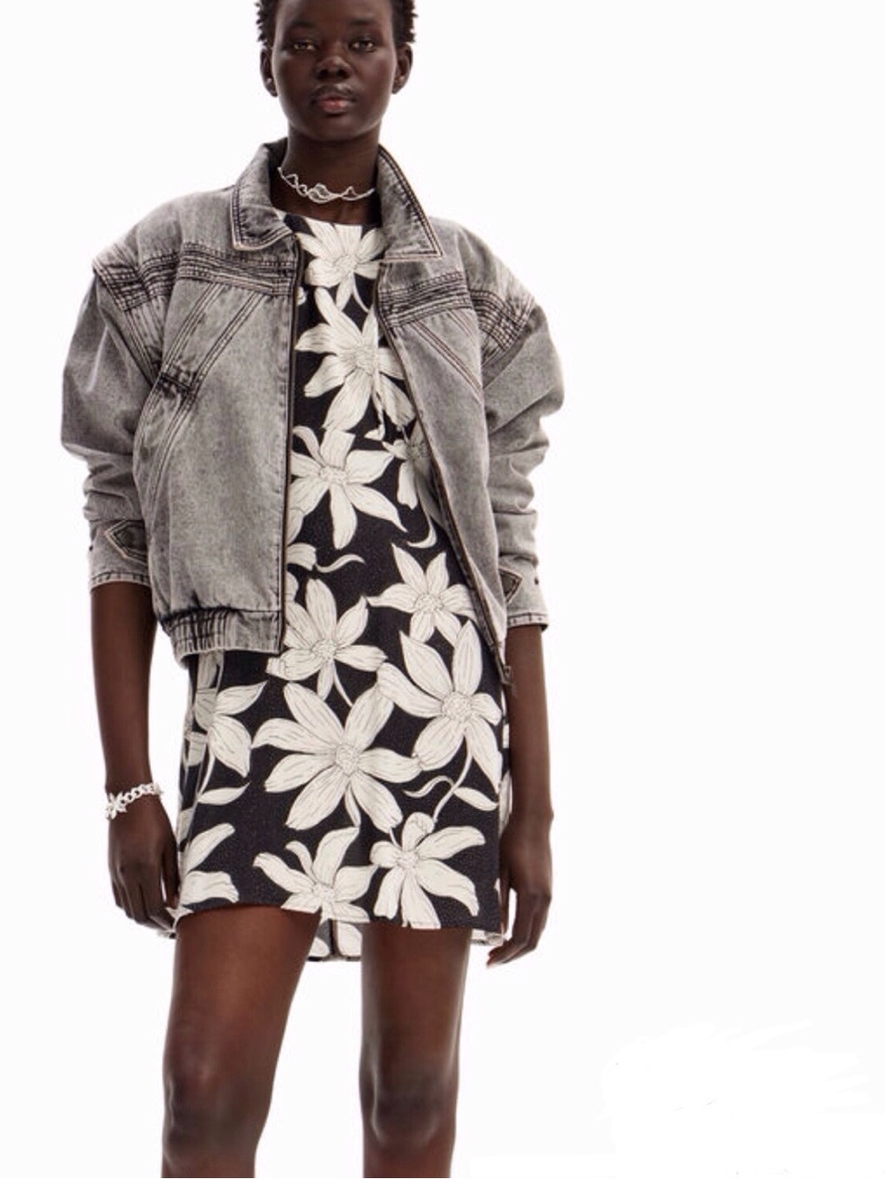 Desigual Size Medium Black White Mini Dress Short Sleeve Boho Floral Print